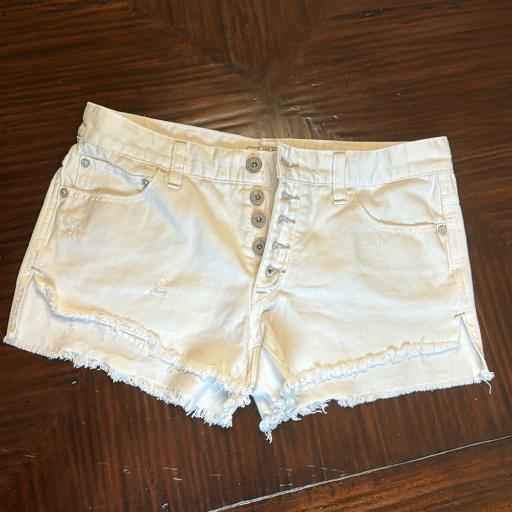 Free People White Distressed Cut-Off Button-Up Shorts